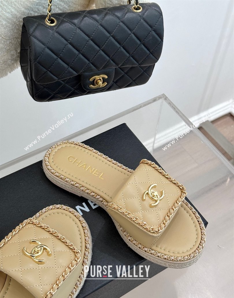 Chanel Lambskin Flat Slides Sandal with Foldover and Chain Beige 2025 CH030404 (MD-250304092)