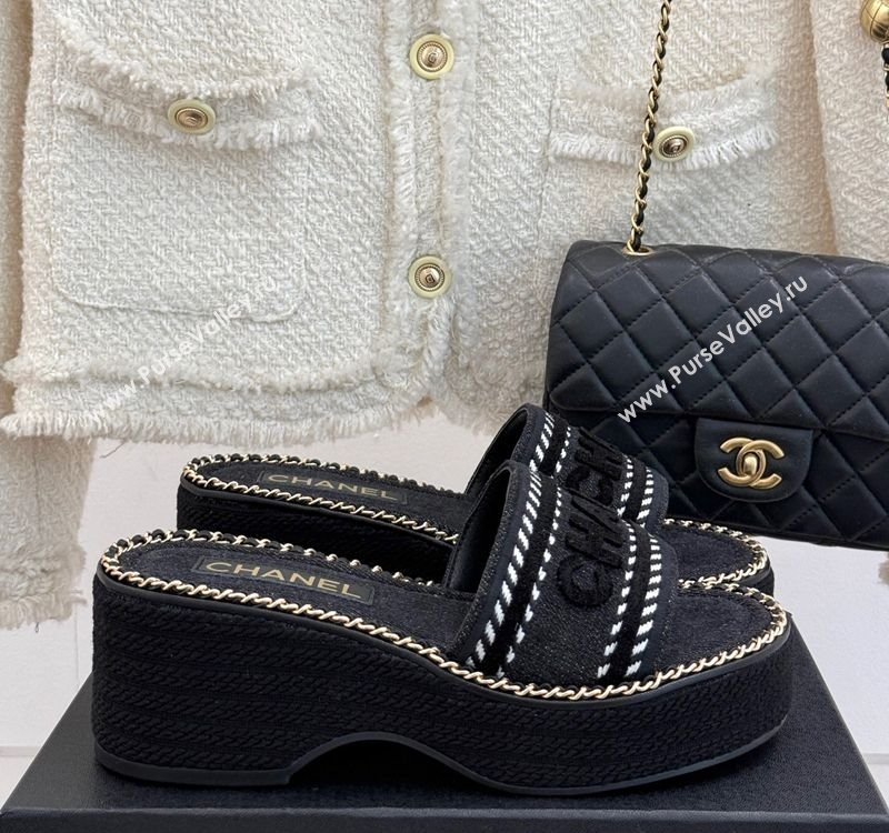 Chanel Denim Wedge Slides Sandal with Chain Black 2025 CH030405 (MD-250304094)
