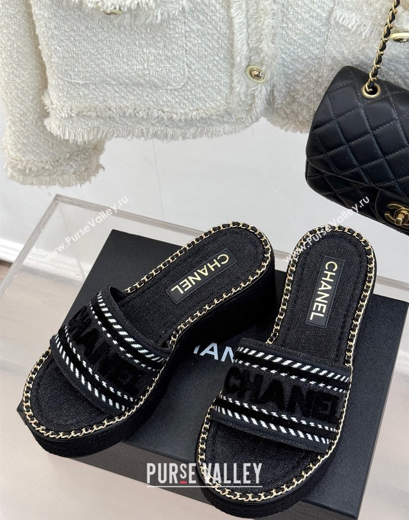 Chanel Denim Wedge Slides Sandal with Chain Black 2025 CH030405 (MD-250304094)