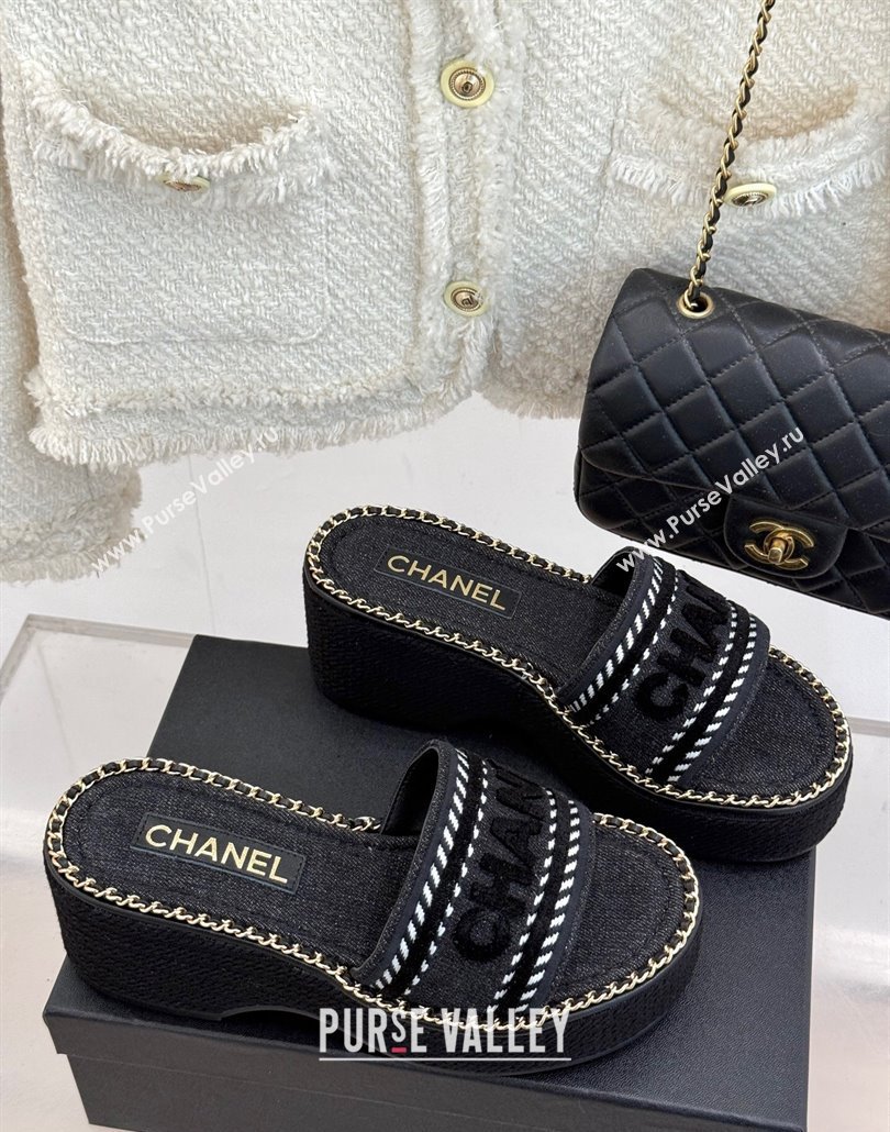 Chanel Denim Wedge Slides Sandal with Chain Black 2025 CH030405 (MD-250304094)