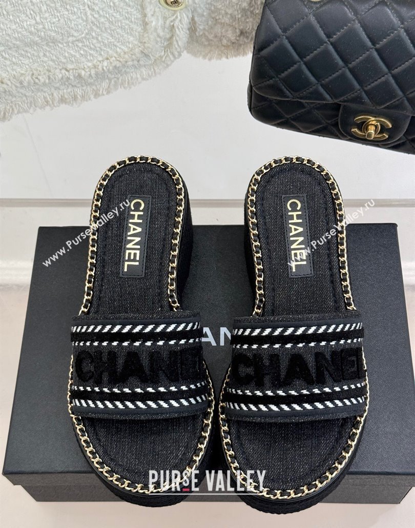 Chanel Denim Wedge Slides Sandal with Chain Black 2025 CH030405 (MD-250304094)