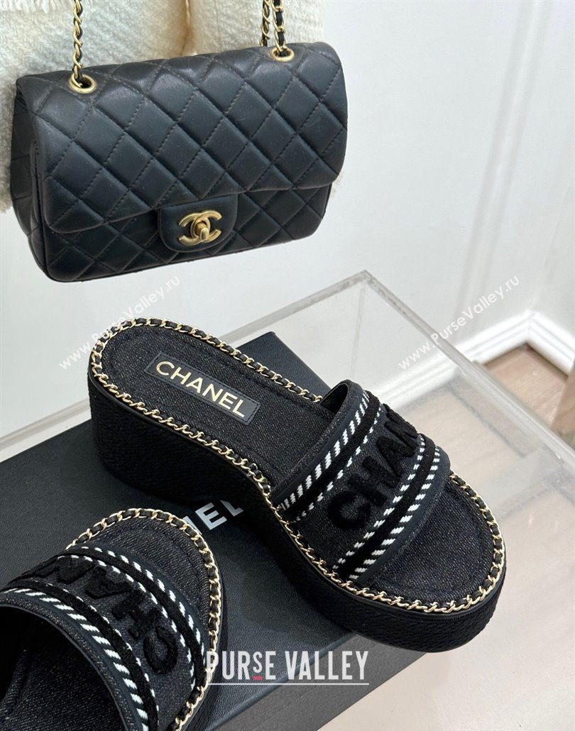 Chanel Denim Wedge Slides Sandal with Chain Black 2025 CH030405 (MD-250304094)