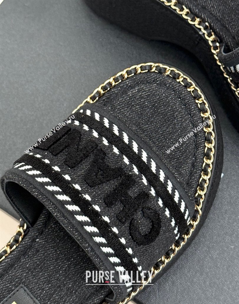 Chanel Denim Wedge Slides Sandal with Chain Black 2025 CH030405 (MD-250304094)