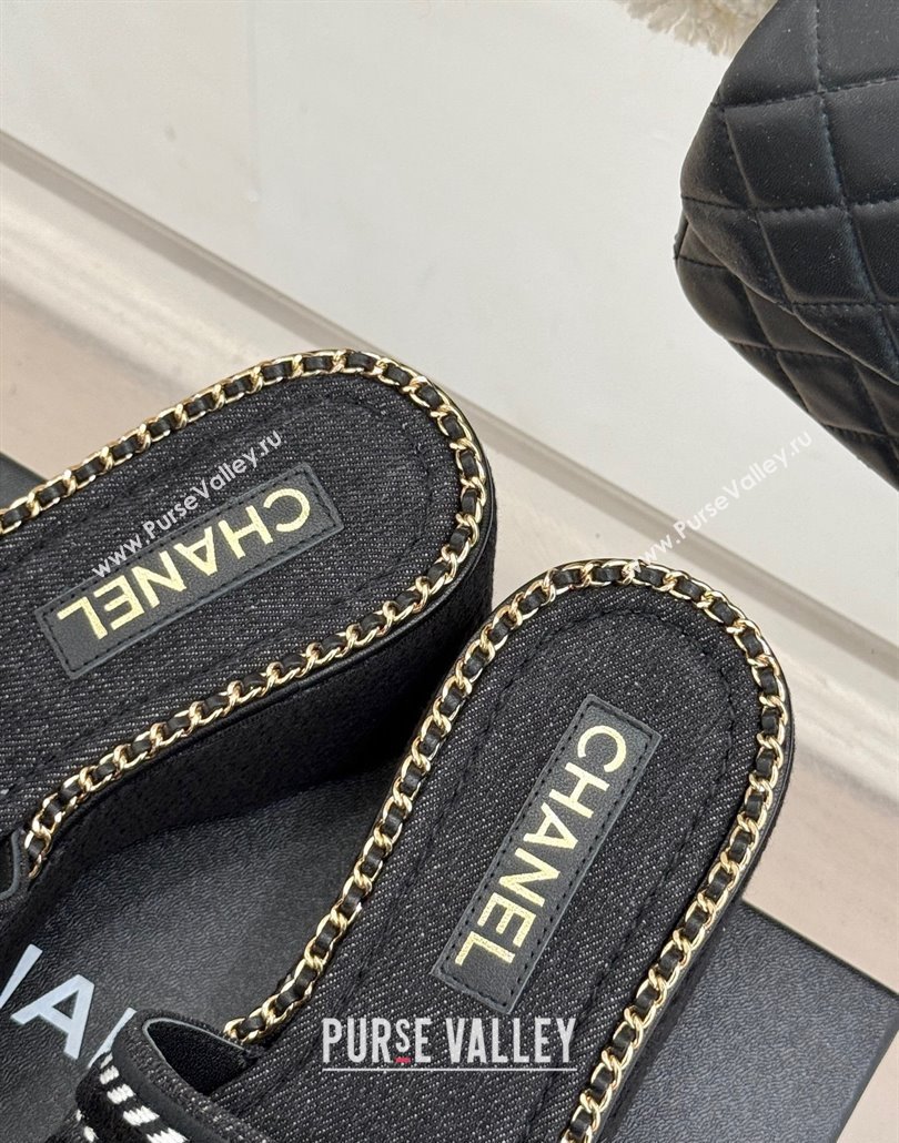 Chanel Denim Wedge Slides Sandal with Chain Black 2025 CH030405 (MD-250304094)