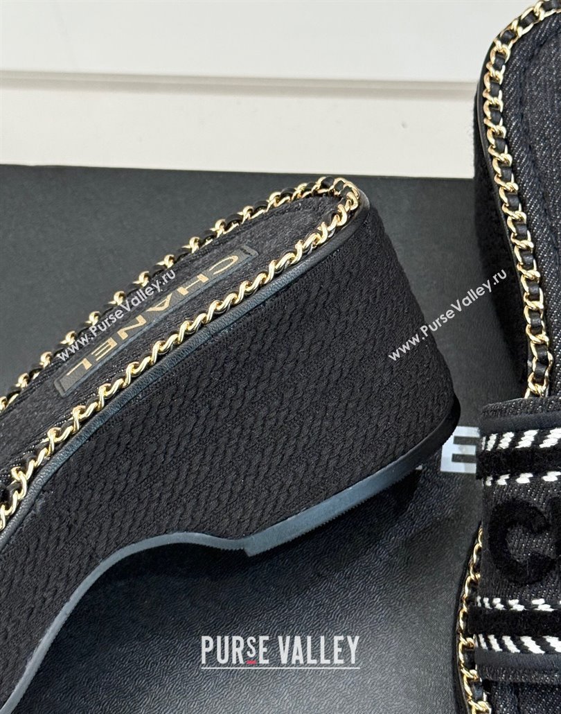 Chanel Denim Wedge Slides Sandal with Chain Black 2025 CH030405 (MD-250304094)