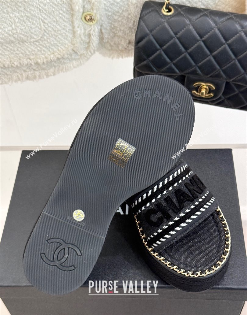 Chanel Denim Wedge Slides Sandal with Chain Black 2025 CH030405 (MD-250304094)