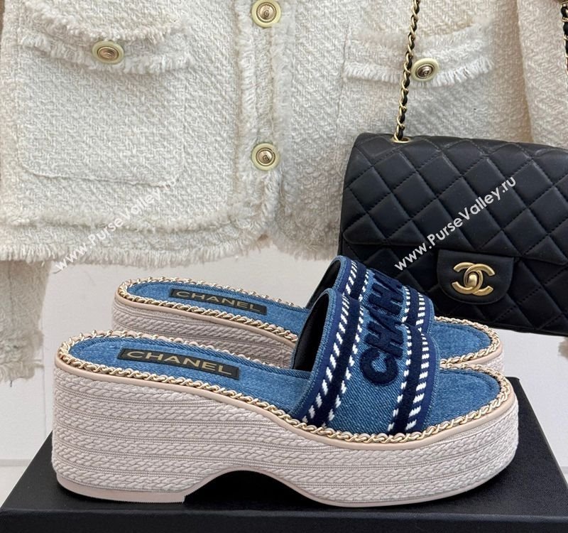 Chanel Denim Wedge Slides Sandal with Chain Blue 2025 CH030405 (MD-250304095)