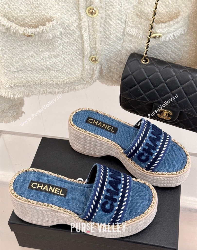 Chanel Denim Wedge Slides Sandal with Chain Blue 2025 CH030405 (MD-250304095)