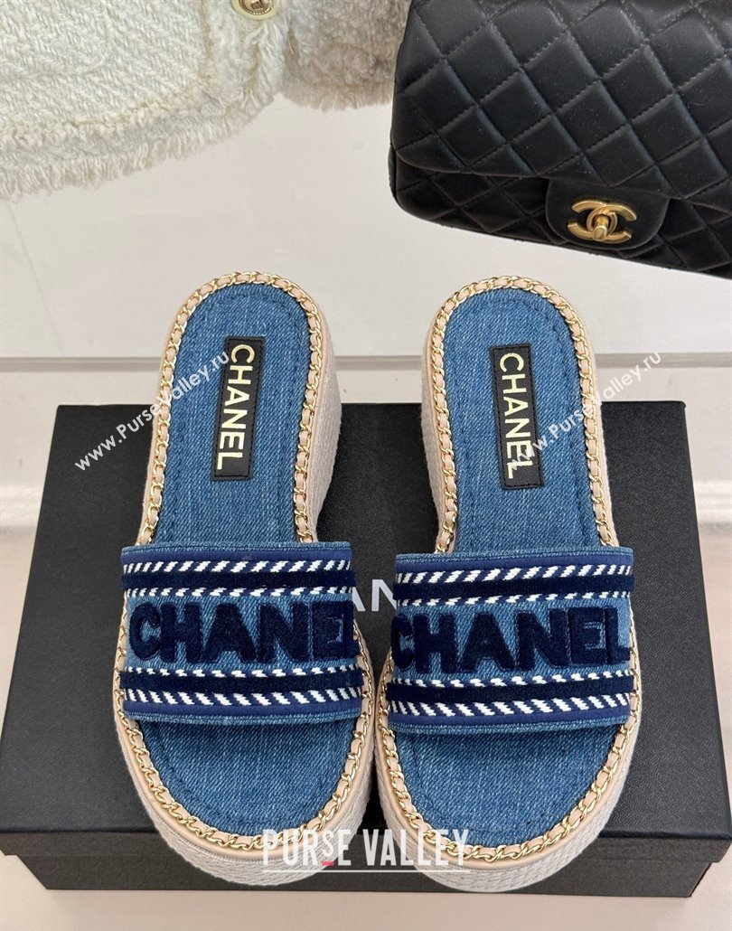 Chanel Denim Wedge Slides Sandal with Chain Blue 2025 CH030405 (MD-250304095)
