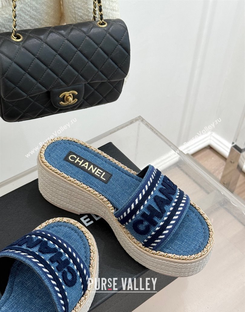 Chanel Denim Wedge Slides Sandal with Chain Blue 2025 CH030405 (MD-250304095)