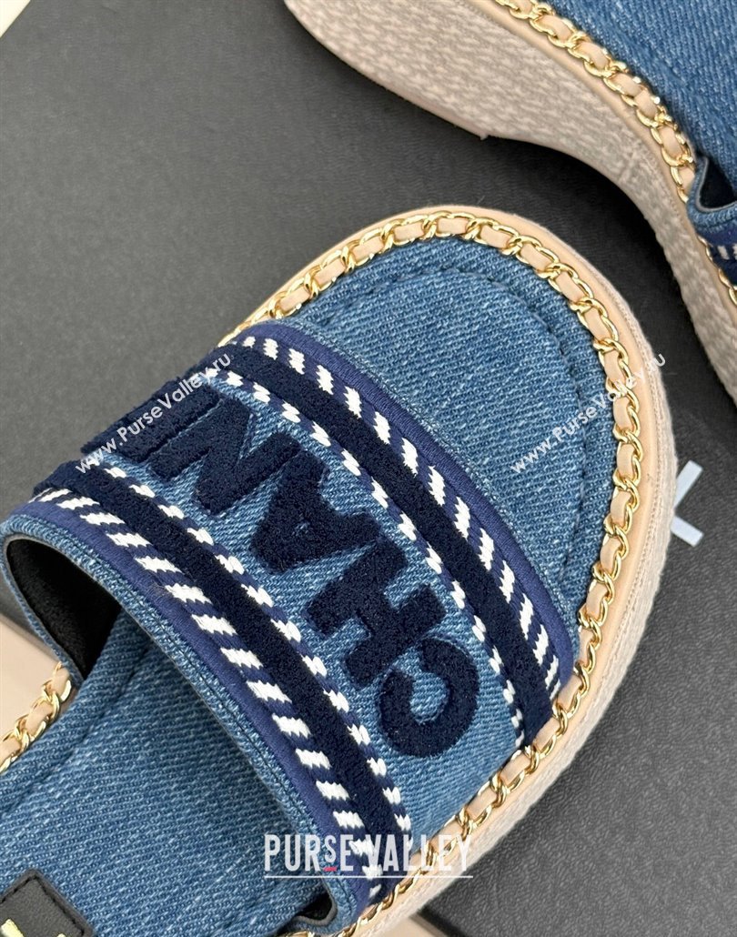 Chanel Denim Wedge Slides Sandal with Chain Blue 2025 CH030405 (MD-250304095)