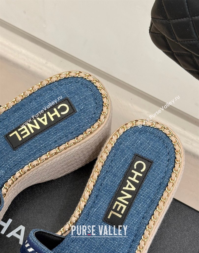 Chanel Denim Wedge Slides Sandal with Chain Blue 2025 CH030405 (MD-250304095)