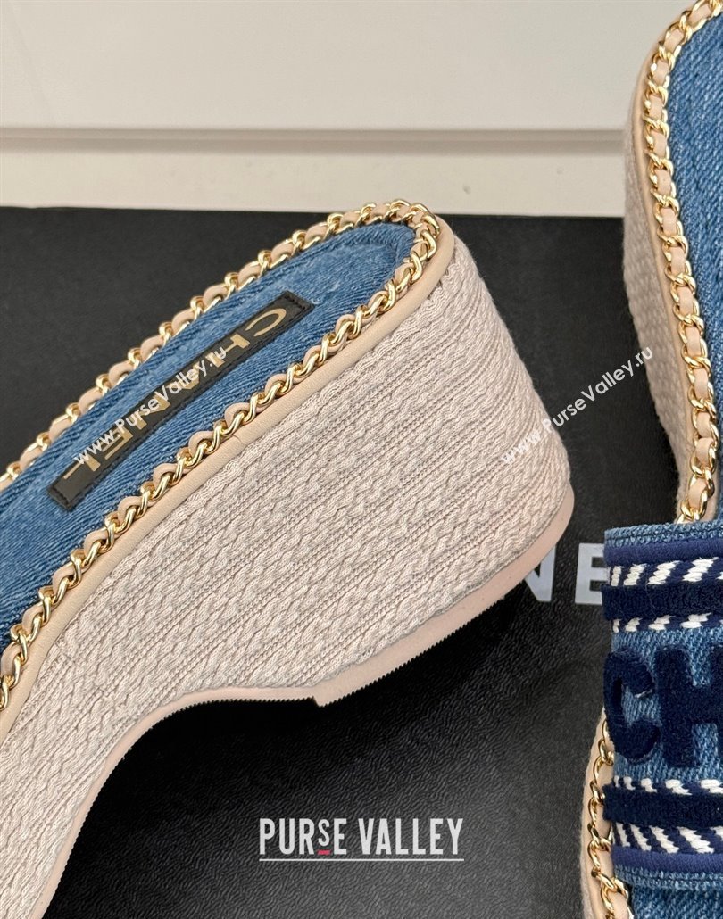 Chanel Denim Wedge Slides Sandal with Chain Blue 2025 CH030405 (MD-250304095)
