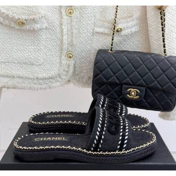 Chanel Denim Flat Slides Sandal with Chain Black 2025 CH030405 (MD-250304102)
