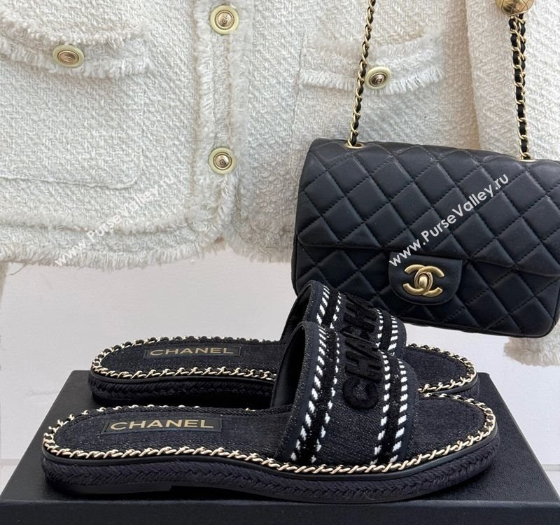 Chanel Denim Flat Slides Sandal with Chain Black 2025 CH030405 (MD-250304102)