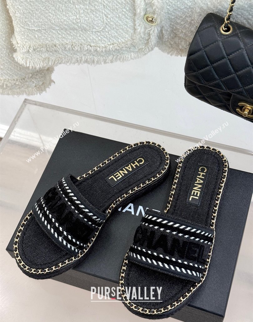 Chanel Denim Flat Slides Sandal with Chain Black 2025 CH030405 (MD-250304102)