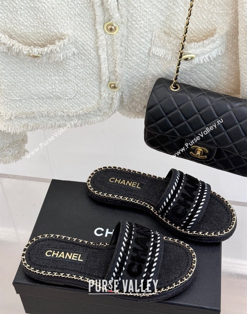 Chanel Denim Flat Slides Sandal with Chain Black 2025 CH030405 (MD-250304102)