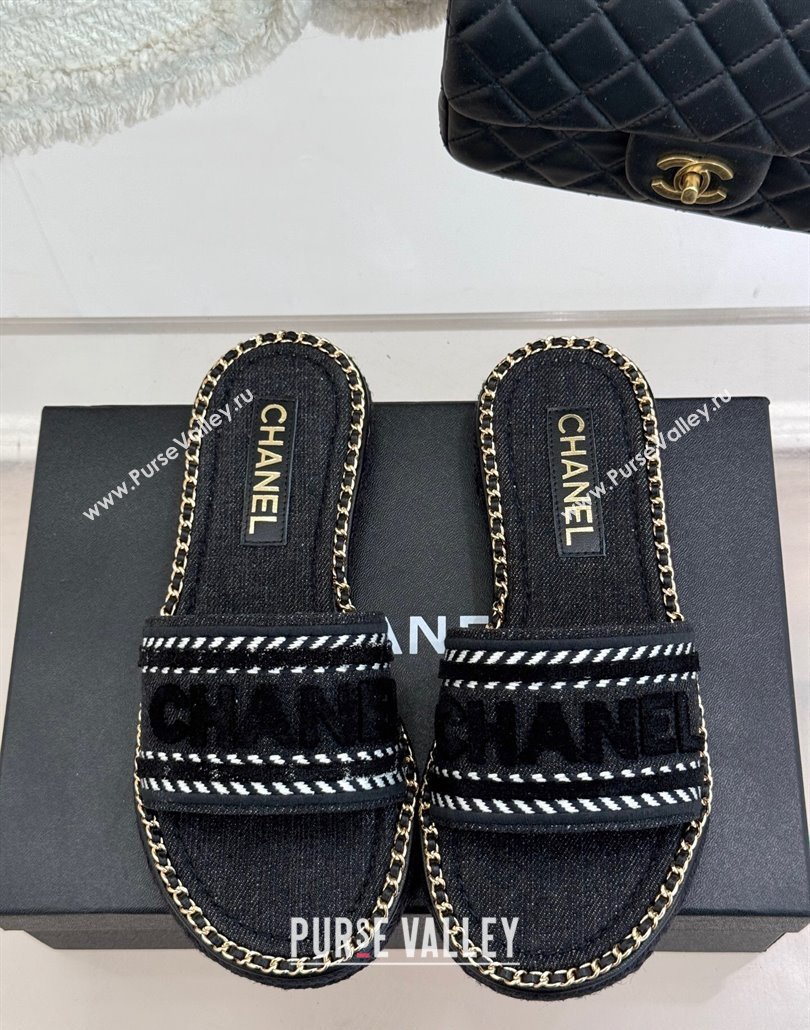 Chanel Denim Flat Slides Sandal with Chain Black 2025 CH030405 (MD-250304102)