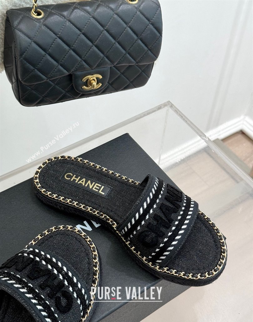 Chanel Denim Flat Slides Sandal with Chain Black 2025 CH030405 (MD-250304102)
