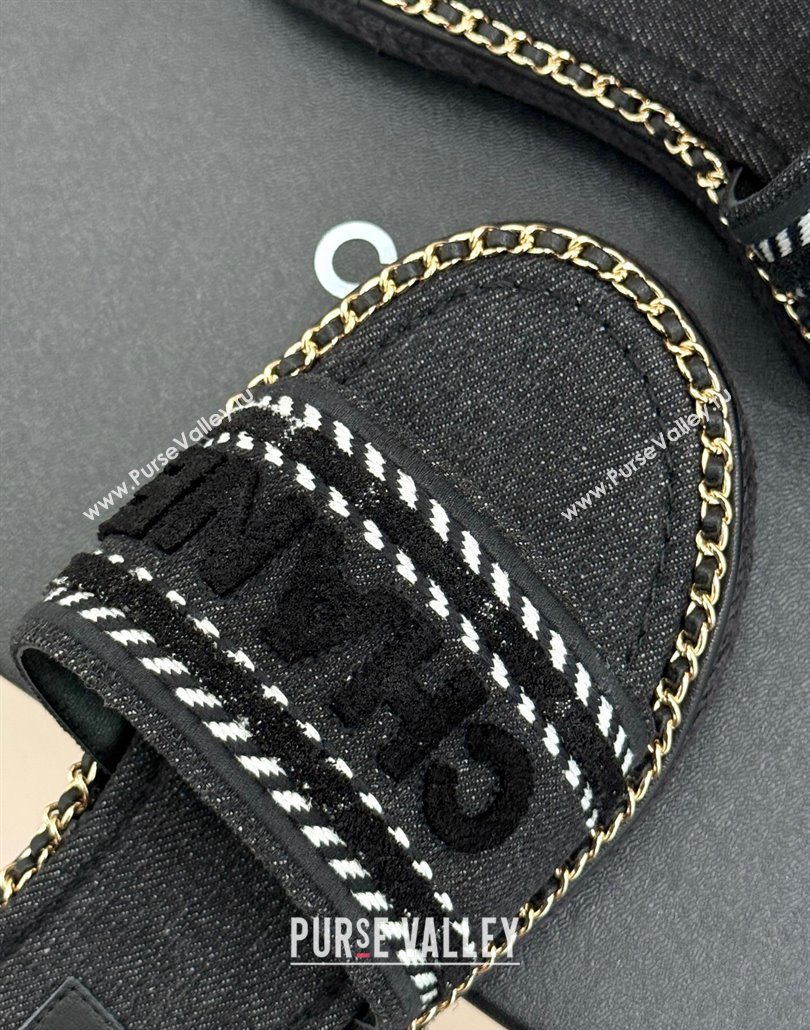 Chanel Denim Flat Slides Sandal with Chain Black 2025 CH030405 (MD-250304102)