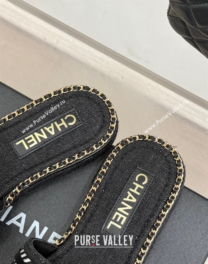 Chanel Denim Flat Slides Sandal with Chain Black 2025 CH030405 (MD-250304102)