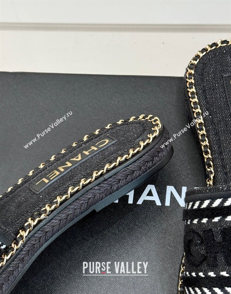 Chanel Denim Flat Slides Sandal with Chain Black 2025 CH030405 (MD-250304102)
