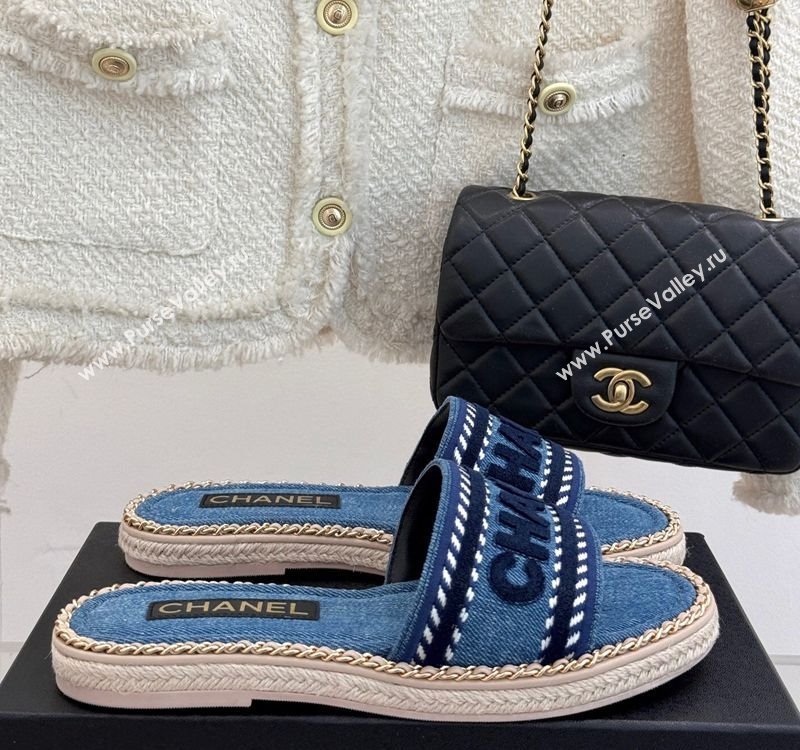 Chanel Denim Flat Slides Sandal with Chain Blue 2025 CH030405 (MD-250304103)