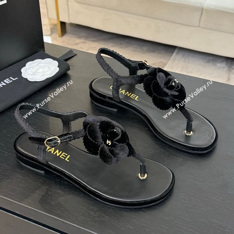 Chanel Velvet Flat Thong Sandals with Camellia Bloom Black 2025 G45928 (MD-250303083)