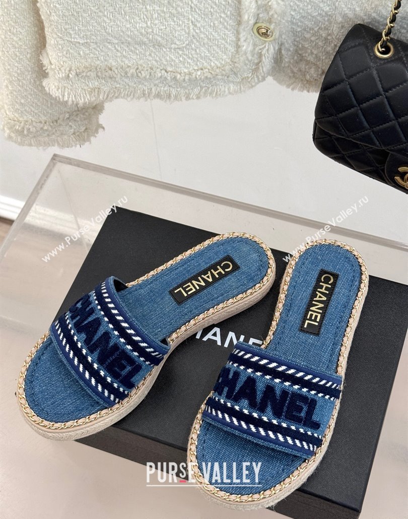 Chanel Denim Flat Slides Sandal with Chain Blue 2025 CH030405 (MD-250304103)