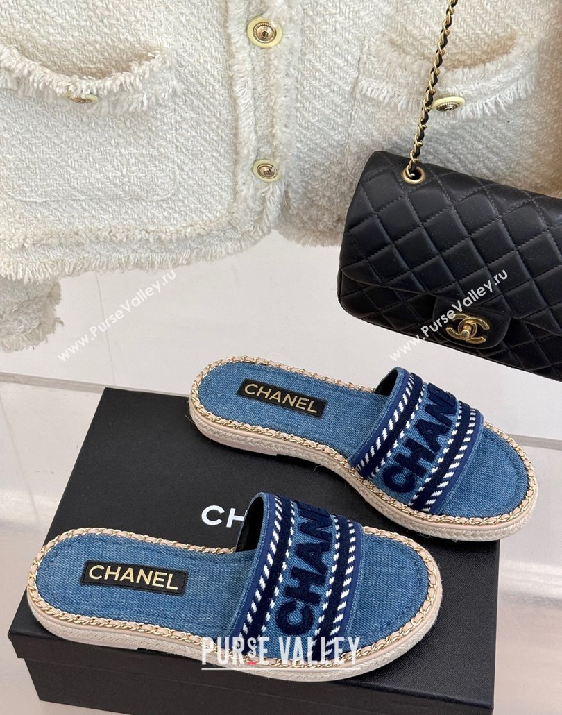 Chanel Denim Flat Slides Sandal with Chain Blue 2025 CH030405 (MD-250304103)