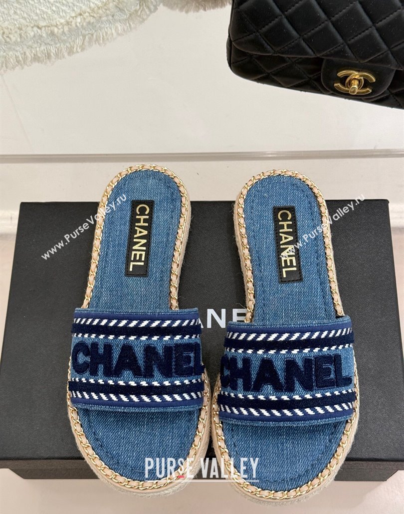 Chanel Denim Flat Slides Sandal with Chain Blue 2025 CH030405 (MD-250304103)
