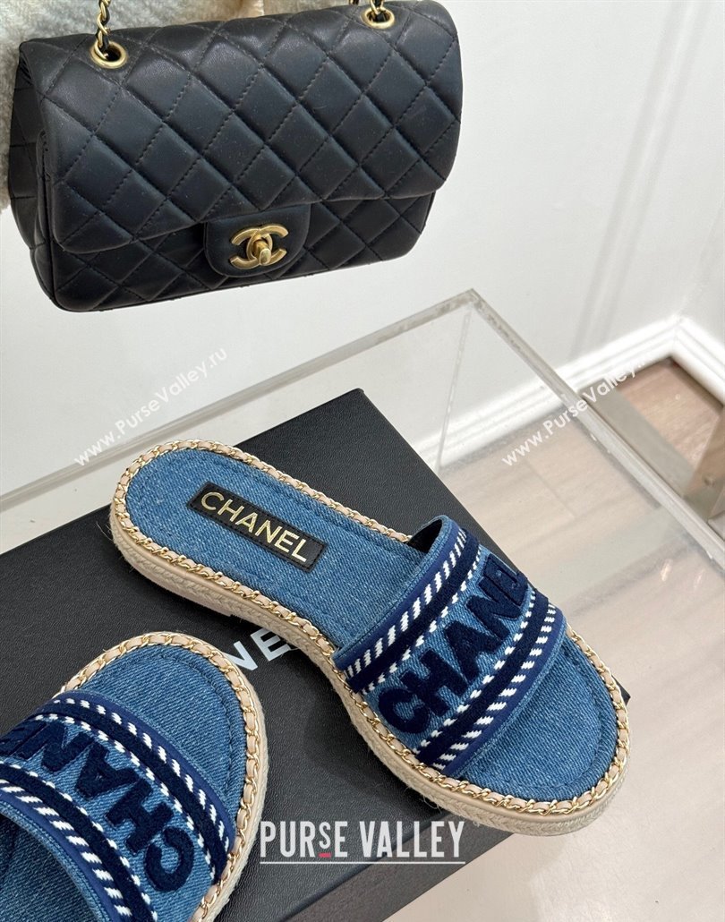 Chanel Denim Flat Slides Sandal with Chain Blue 2025 CH030405 (MD-250304103)