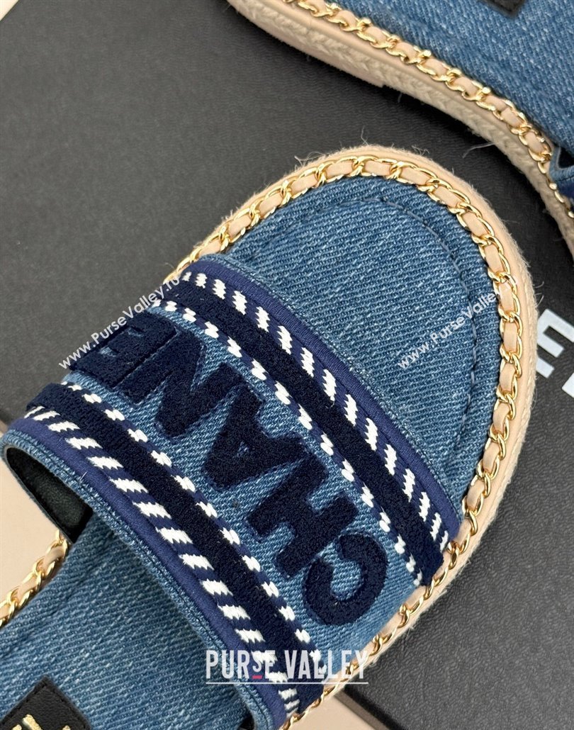 Chanel Denim Flat Slides Sandal with Chain Blue 2025 CH030405 (MD-250304103)