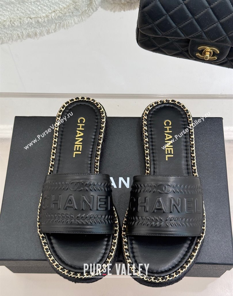 Chanel Calfskin Flat Slides Sandal with Chain Black Upper 2025 CH030405 (MD-250304105)