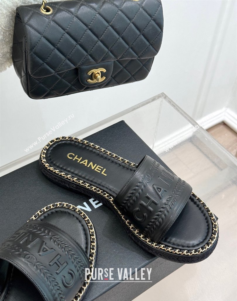 Chanel Calfskin Flat Slides Sandal with Chain Black Upper 2025 CH030405 (MD-250304105)