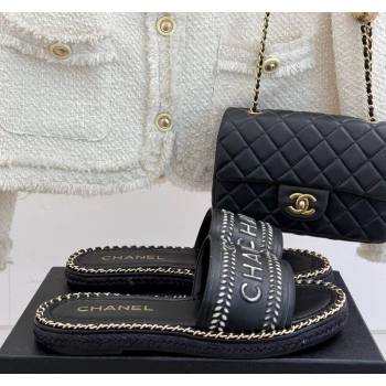 Chanel Calfskin Flat Slides Sandal with Chain Black2 2025 CH030405 (MD-250304106)