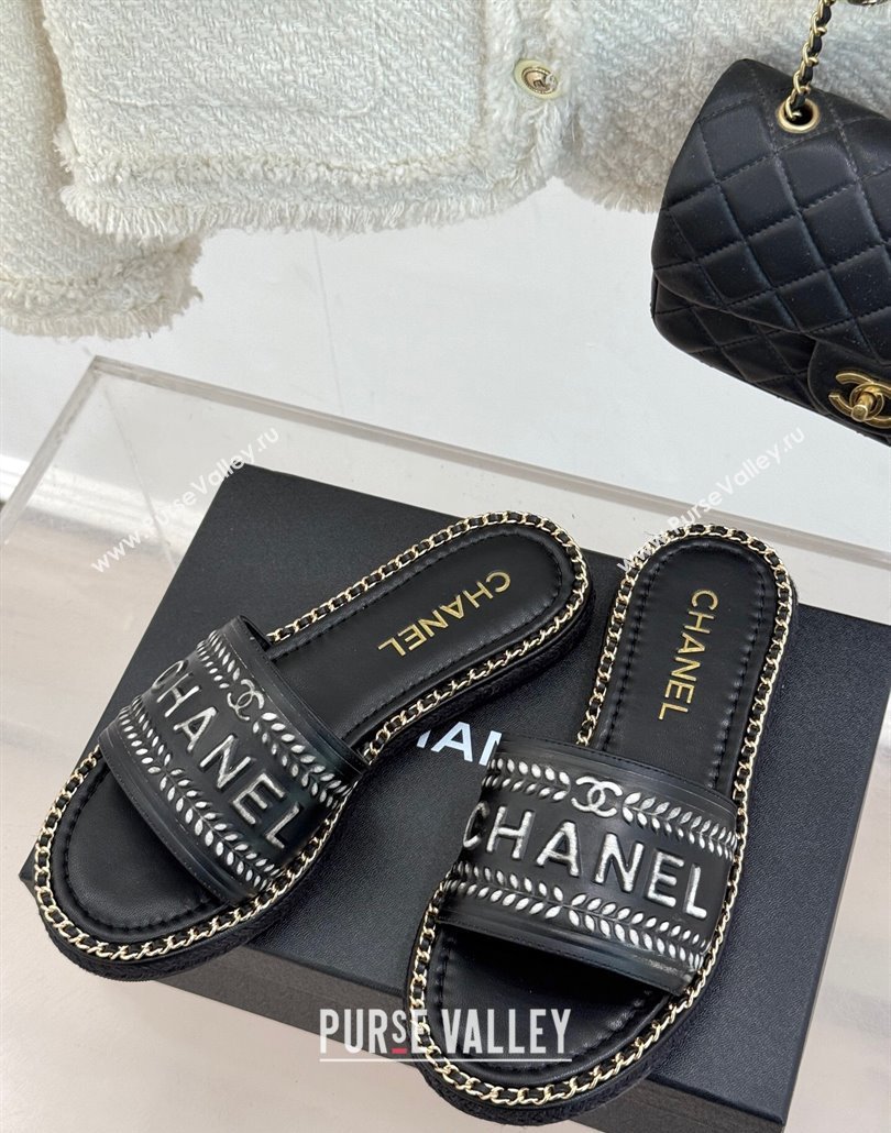Chanel Calfskin Flat Slides Sandal with Chain Black2 2025 CH030405 (MD-250304106)