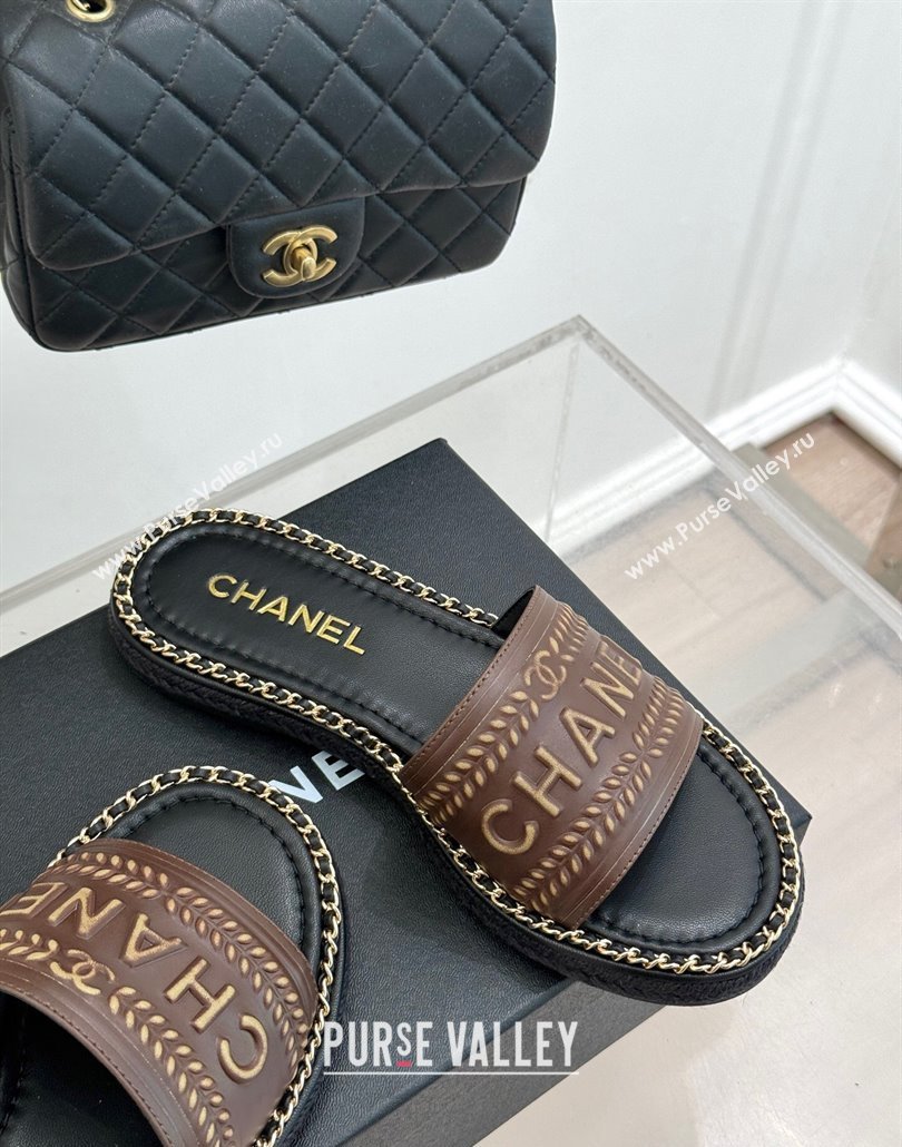 Chanel Calfskin Flat Slides Sandal with Chain Brown 2025 CH030405 (MD-250304107)