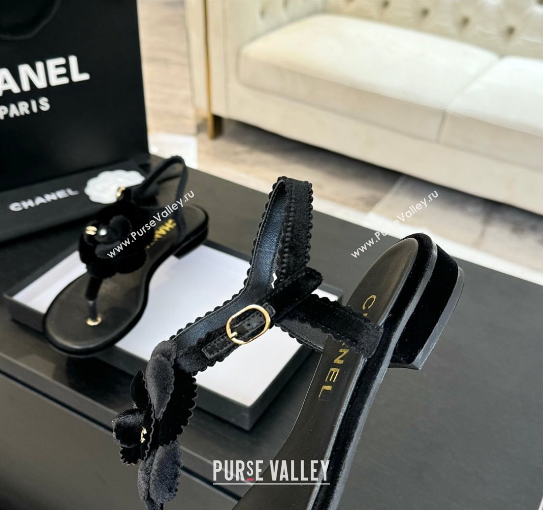 Chanel Velvet Flat Thong Sandals with Camellia Bloom Black 2025 G45928 (MD-250303083)