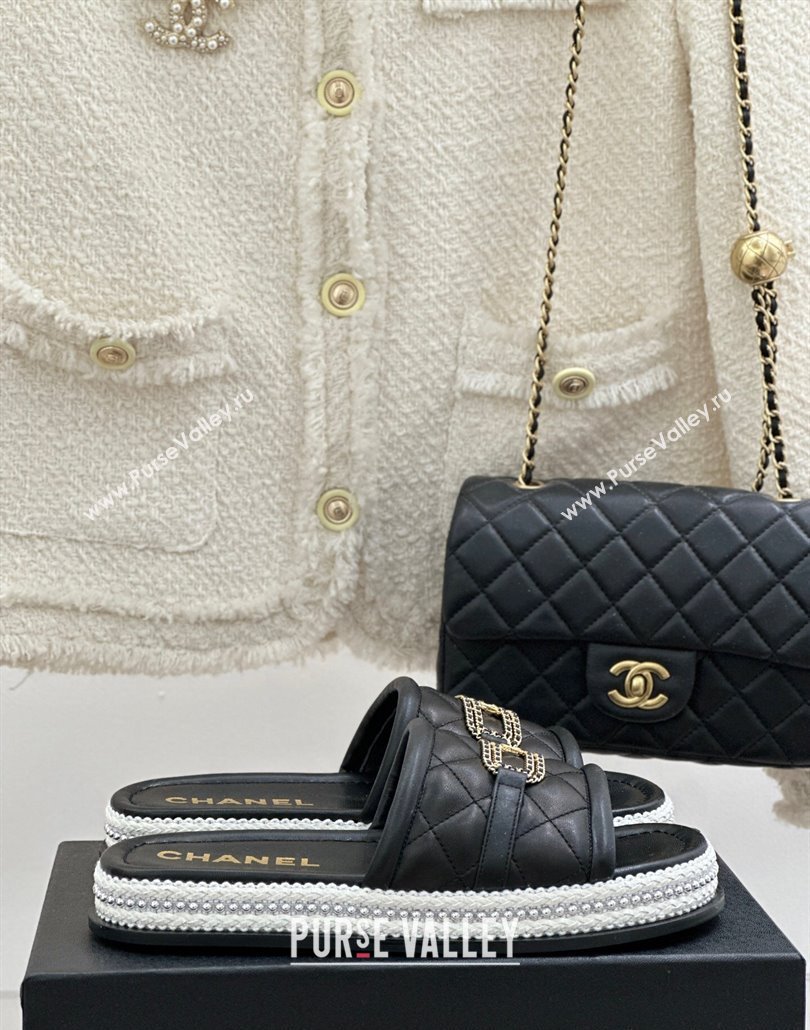 Chanel Lambskin Flat Slides Sandal with Chain Buckle Black 2025 CH030406 (MD-250304110)