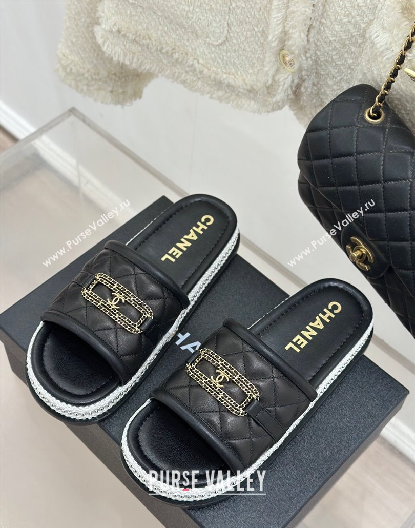 Chanel Lambskin Flat Slides Sandal with Chain Buckle Black 2025 CH030406 (MD-250304110)