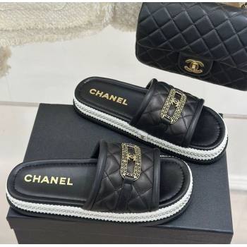 Chanel Lambskin Flat Slides Sandal with Chain Buckle Black 2025 CH030406 (MD-250304110)