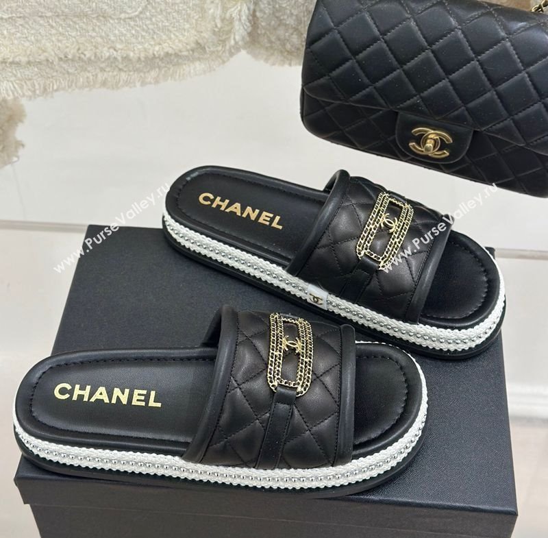 Chanel Lambskin Flat Slides Sandal with Chain Buckle Black 2025 CH030406 (MD-250304110)