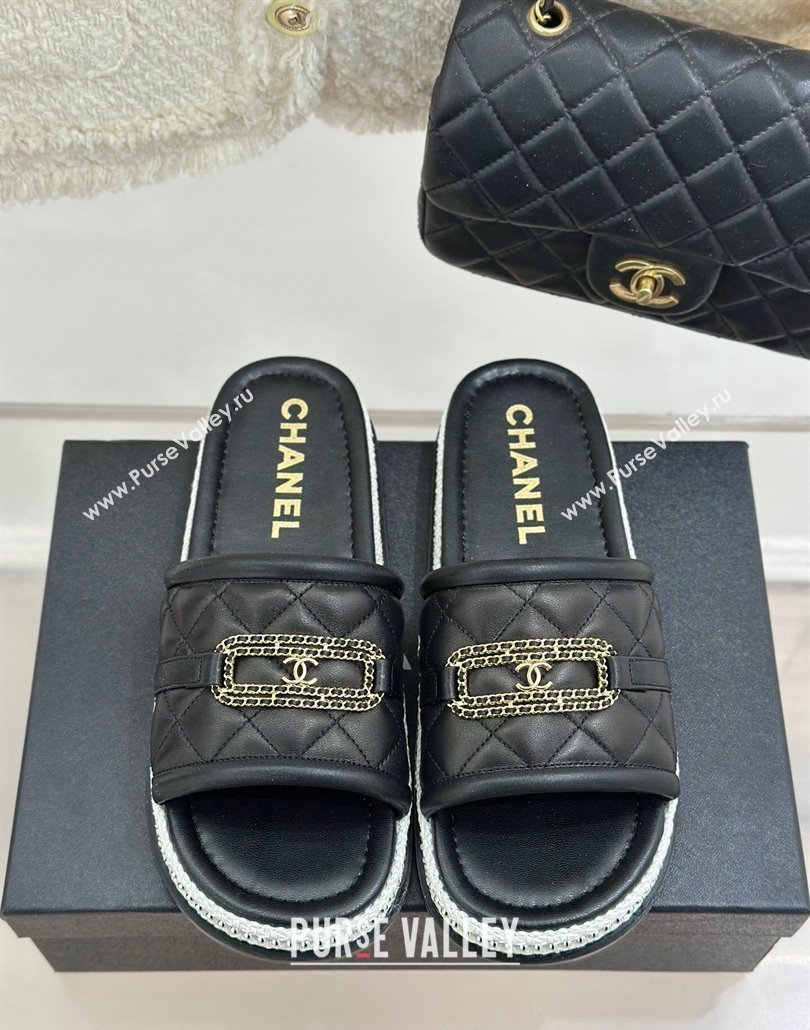 Chanel Lambskin Flat Slides Sandal with Chain Buckle Black 2025 CH030406 (MD-250304110)
