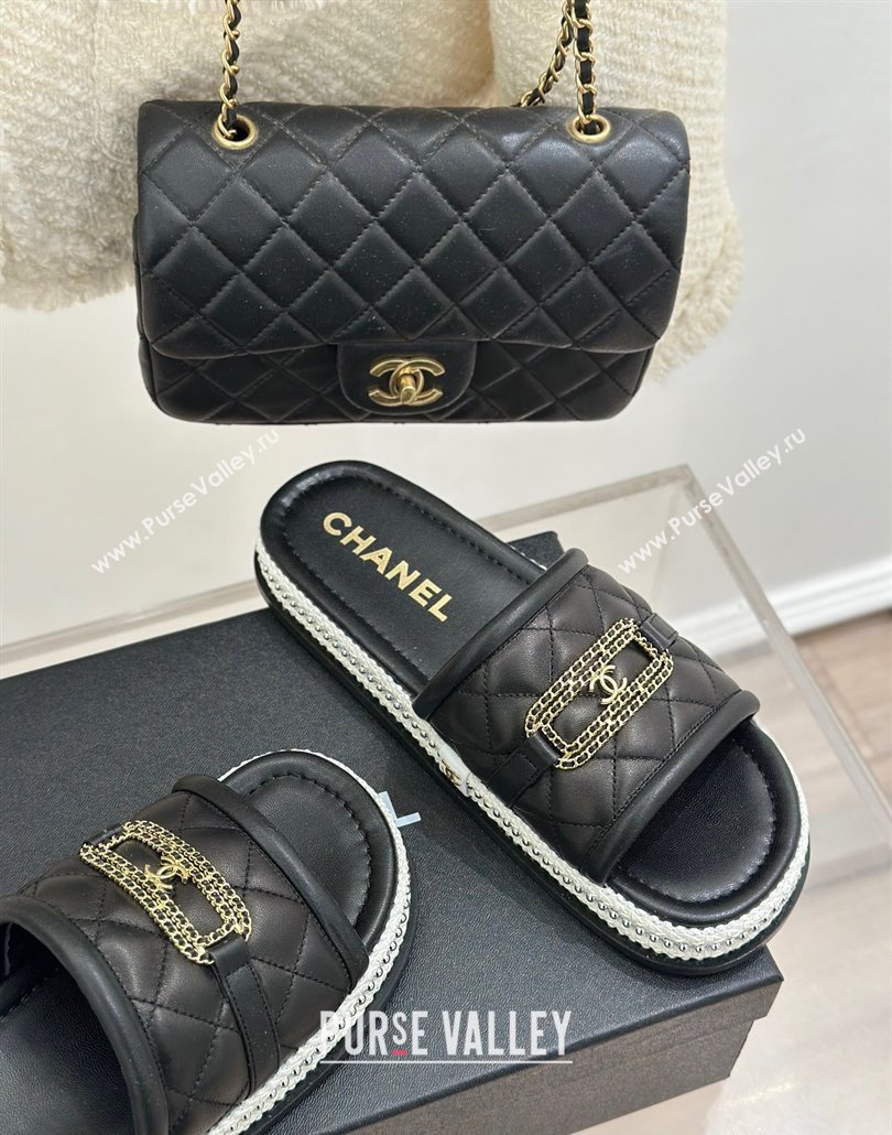Chanel Lambskin Flat Slides Sandal with Chain Buckle Black 2025 CH030406 (MD-250304110)