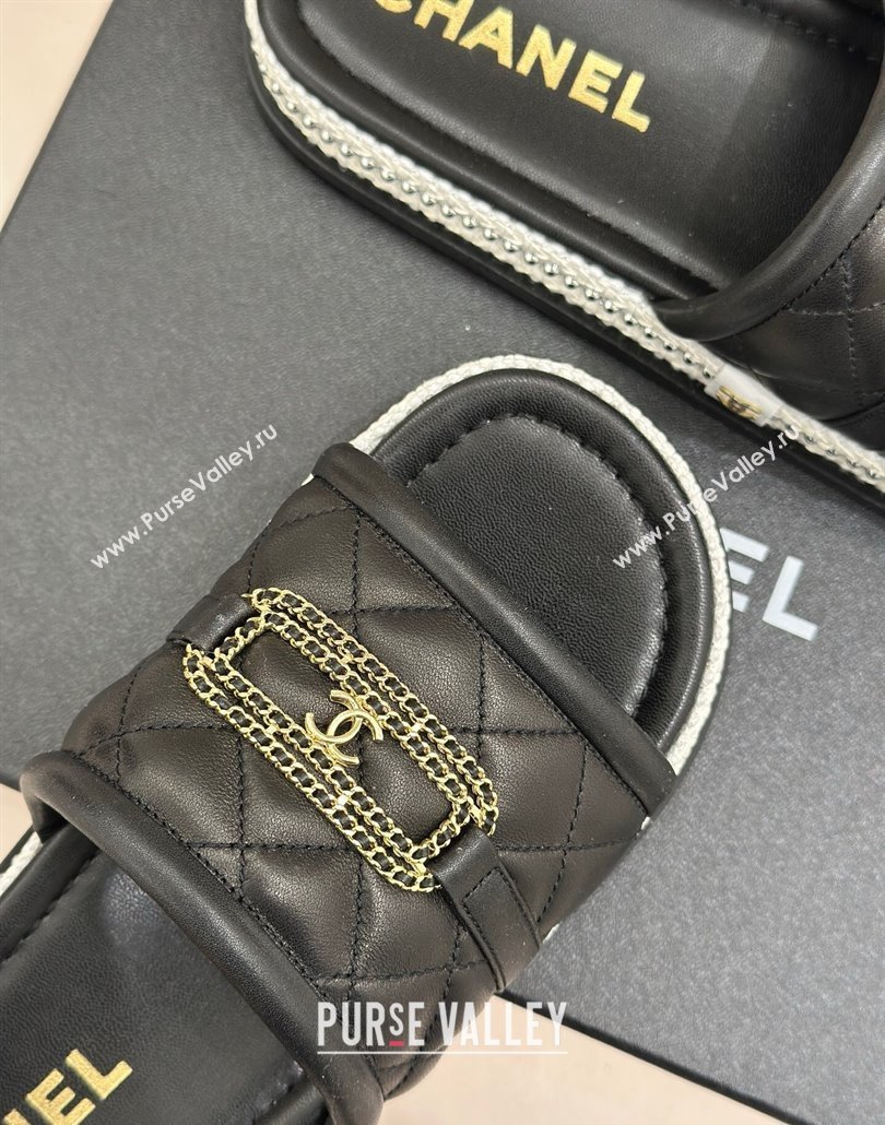 Chanel Lambskin Flat Slides Sandal with Chain Buckle Black 2025 CH030406 (MD-250304110)