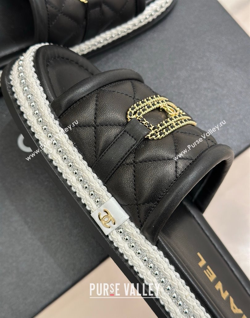 Chanel Lambskin Flat Slides Sandal with Chain Buckle Black 2025 CH030406 (MD-250304110)