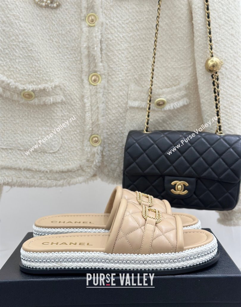 Chanel Lambskin Flat Slides Sandal with Chain Buckle Beige 2025 CH030406 (MD-250304111)
