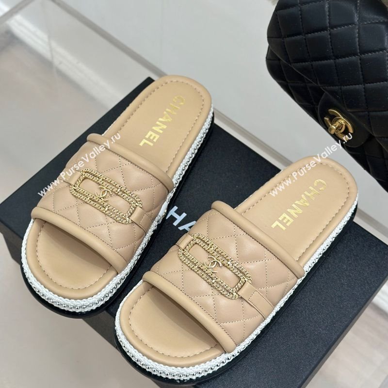 Chanel Lambskin Flat Slides Sandal with Chain Buckle Beige 2025 CH030406 (MD-250304111)