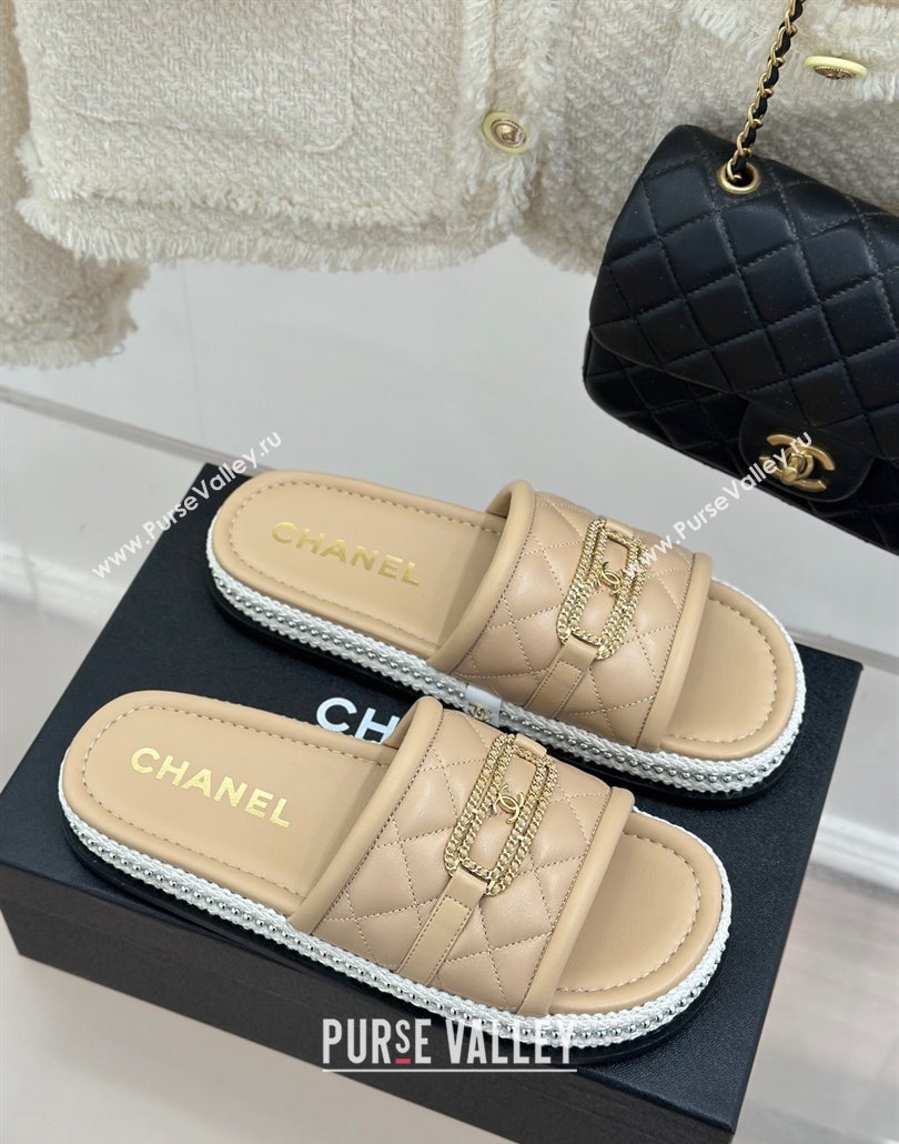 Chanel Lambskin Flat Slides Sandal with Chain Buckle Beige 2025 CH030406 (MD-250304111)